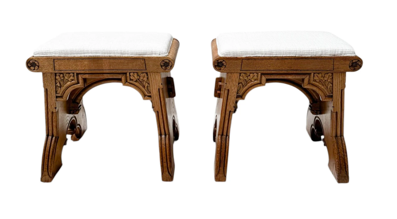 Arts & Crafts Hand-Carved Oak Stools with Boucle Upholstery, 1900s
